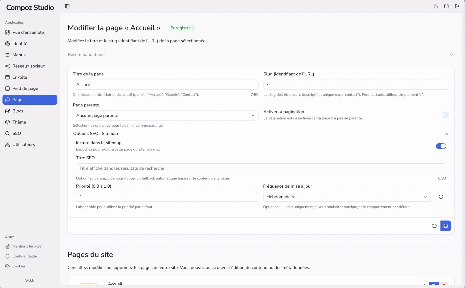 Interface de configuration d’une page dans Compoz Studio avec titre, URL et paramètres SEO
