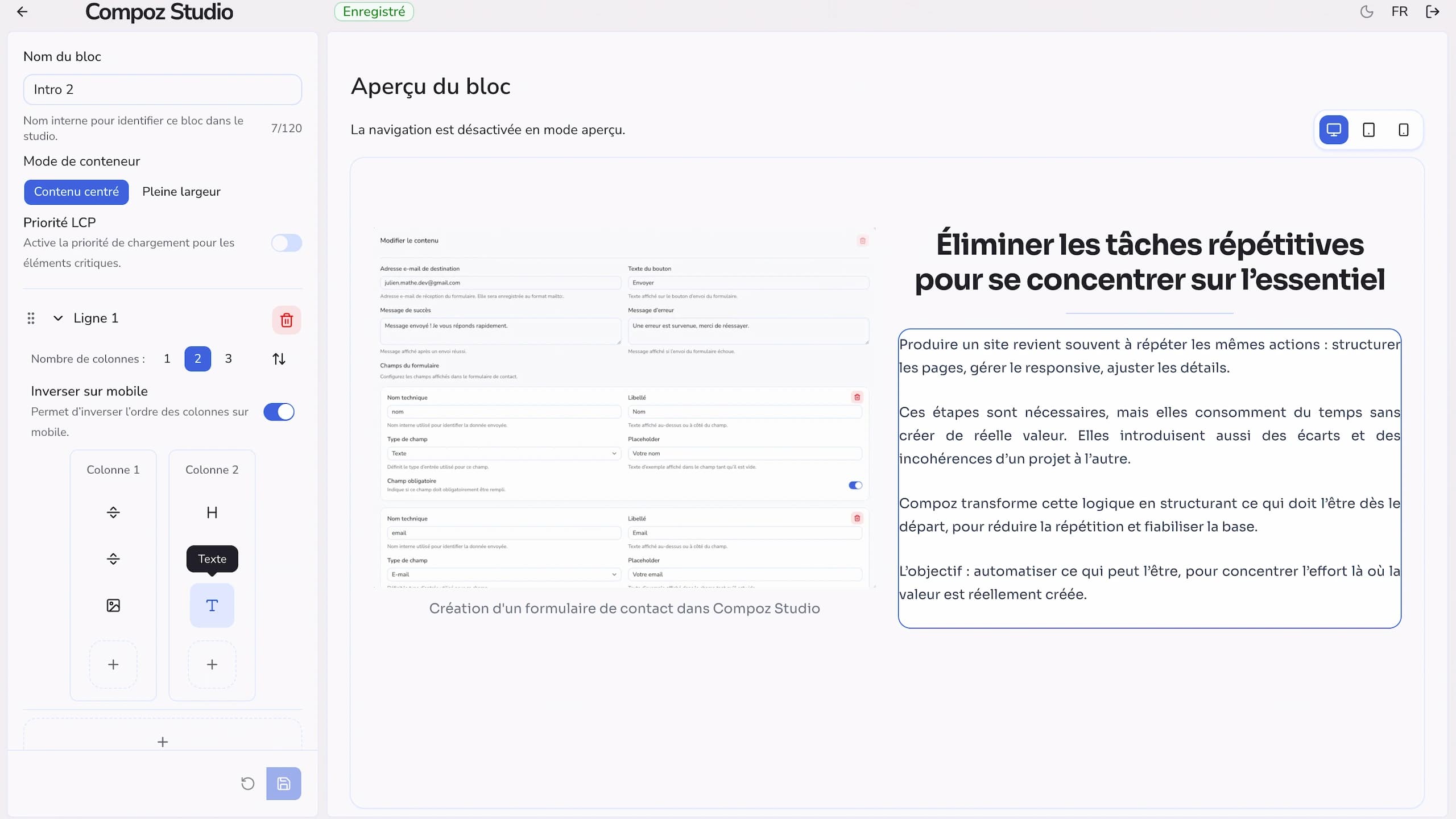 Interface du builder Compoz Studio avec édition des blocs et aperçu en temps réel du site