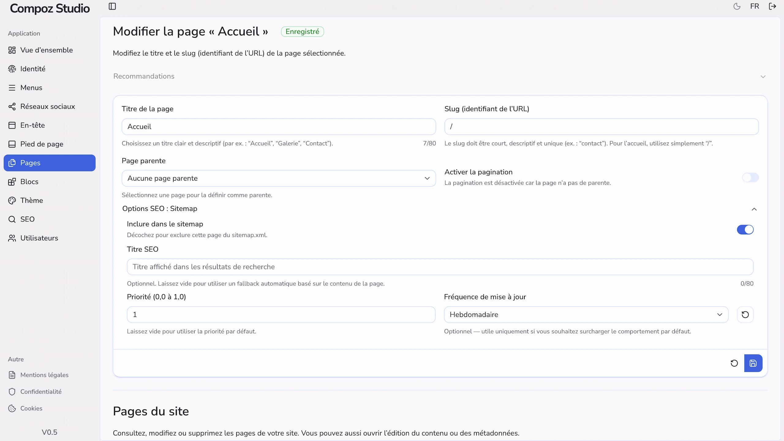 Interface de configuration d’une page dans Compoz Studio avec titre, URL et paramètres SEO
