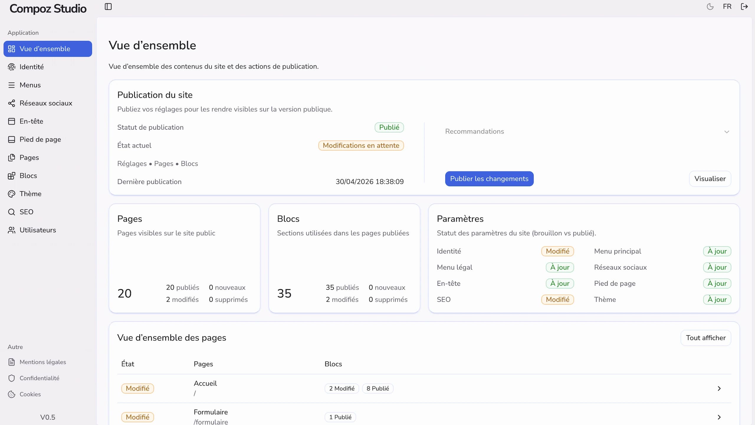 Vue d’ensemble du site dans Compoz Studio avec informations de publication et gestion globale