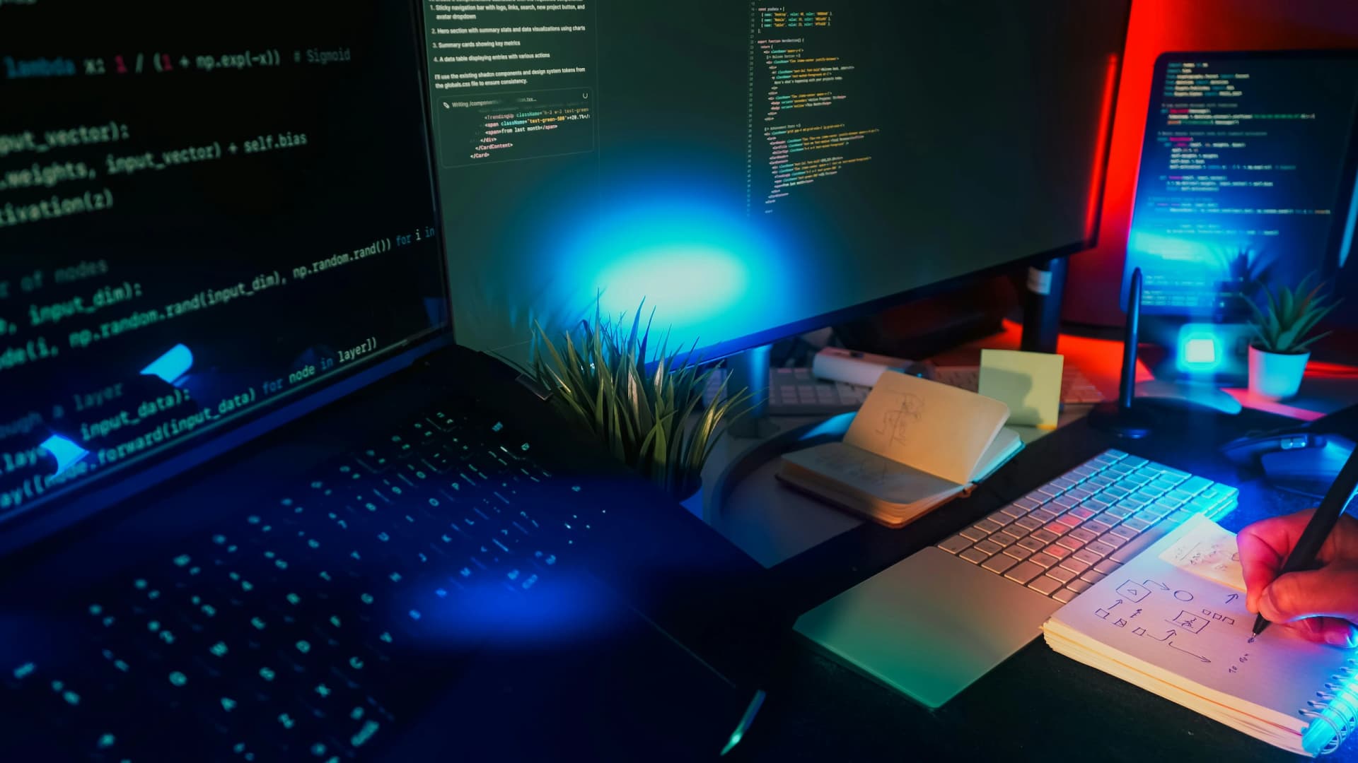 Espace de travail de développement avec écrans de code et conception d’interface