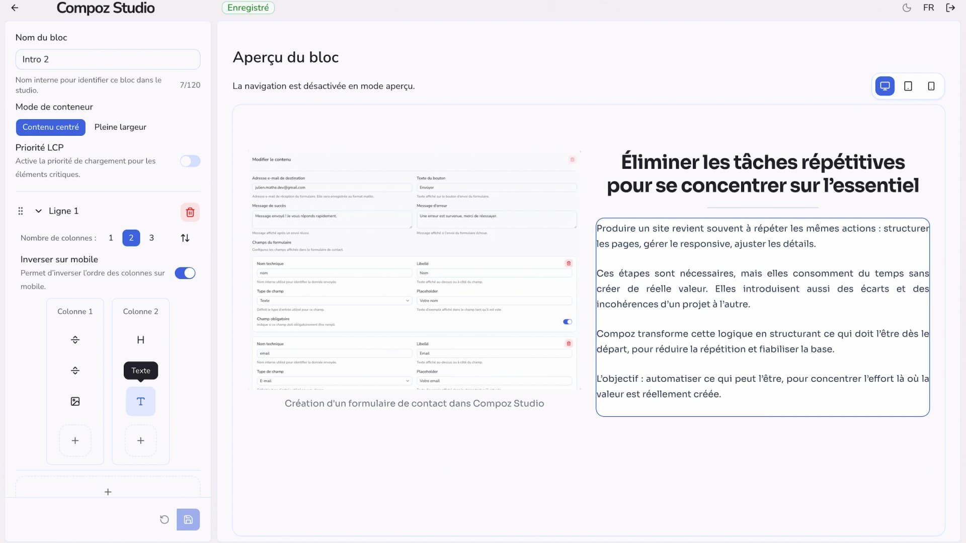 Interface du builder Compoz Studio avec édition des blocs et aperçu en temps réel du site