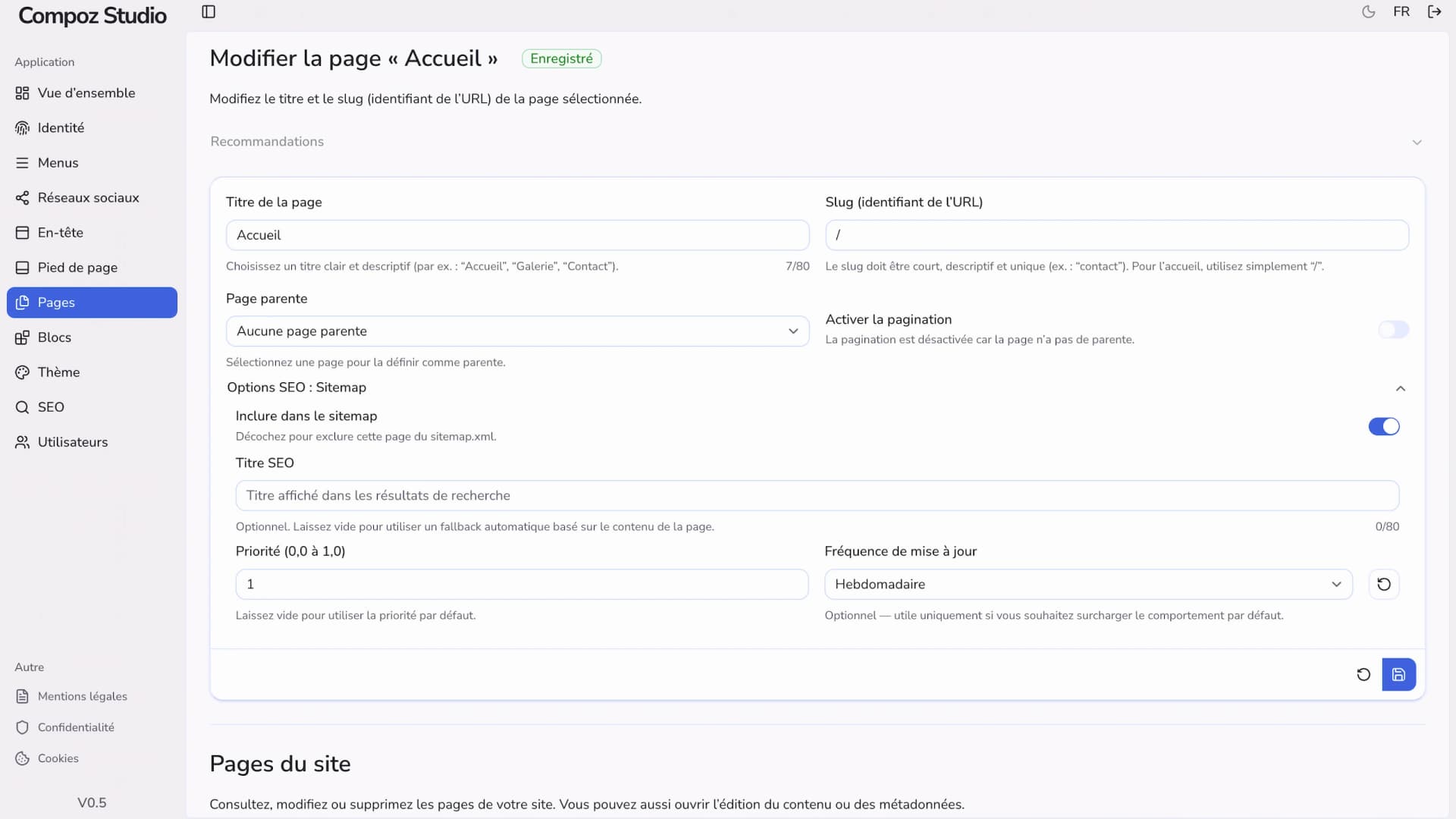 Interface de configuration d’une page dans Compoz Studio avec titre, URL et paramètres SEO