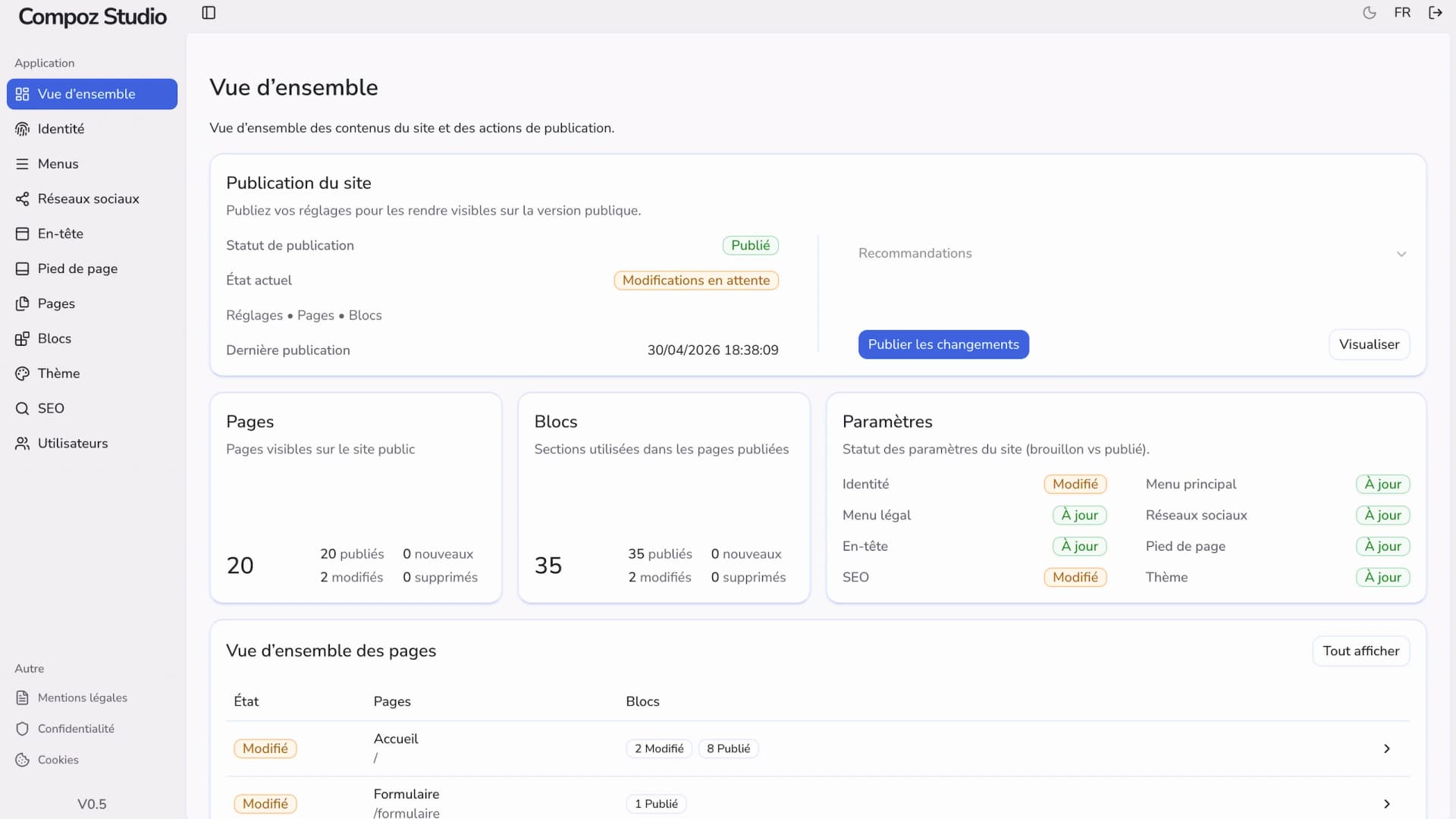 Vue d’ensemble du site dans Compoz Studio avec informations de publication et gestion globale